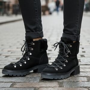 Marc Fisher black suede warm gorpcore hiker boots with faux fur trim  Sz 7